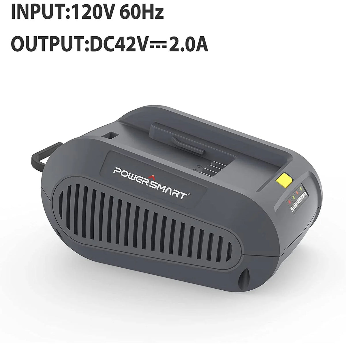 Bottom view of the battery charger showing mounting slots and technical specifications label.