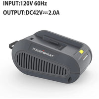 Bottom view of the battery charger showing mounting slots and technical specifications label.