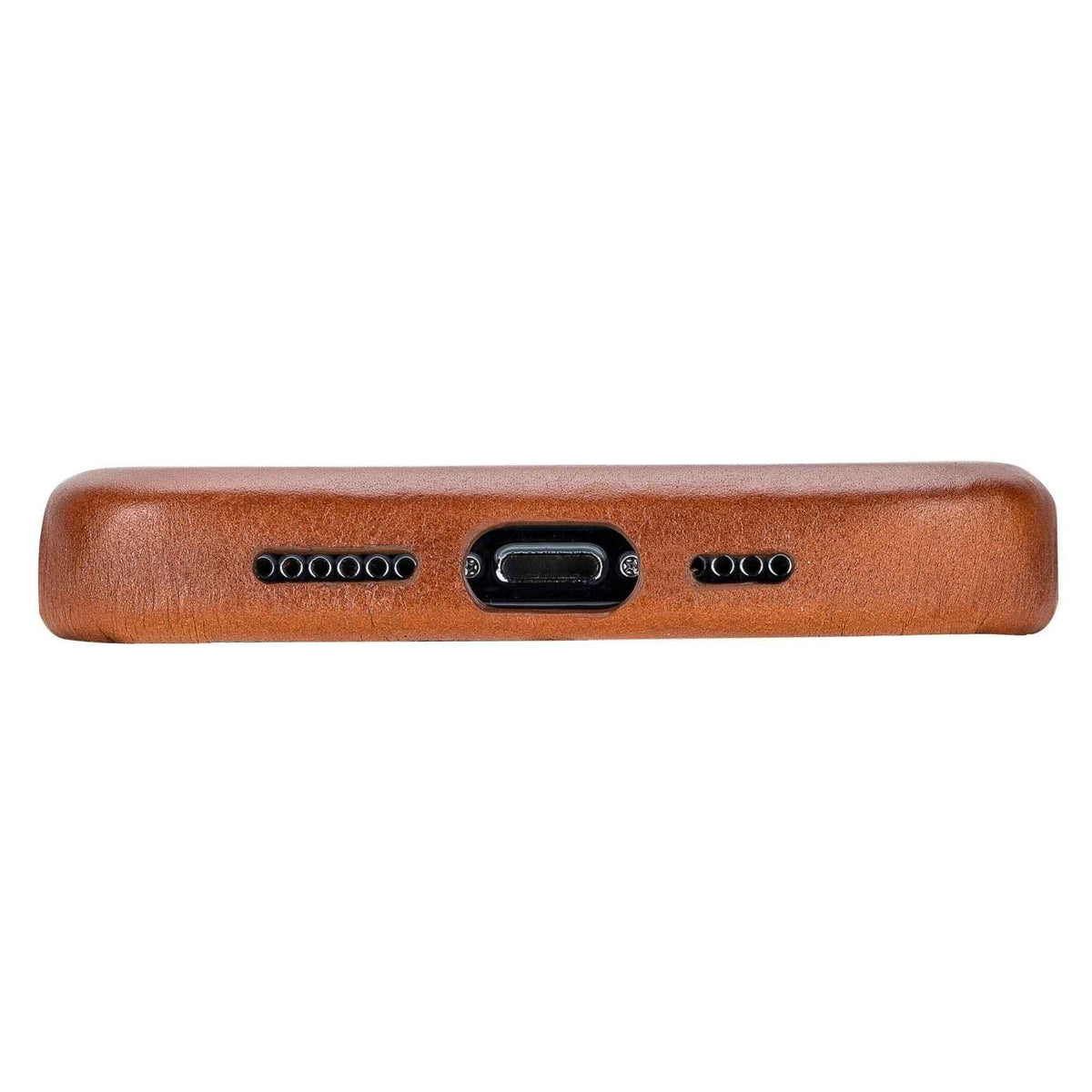Back of brown leather iPhone 13 case with camera cutout and smooth finish