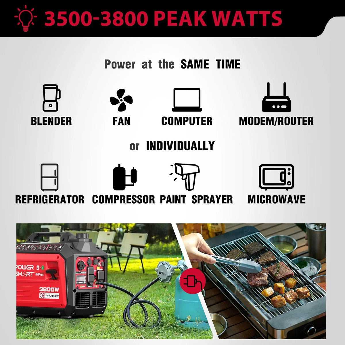 Rear view showing various power outlets and USB ports on the inverter generator.