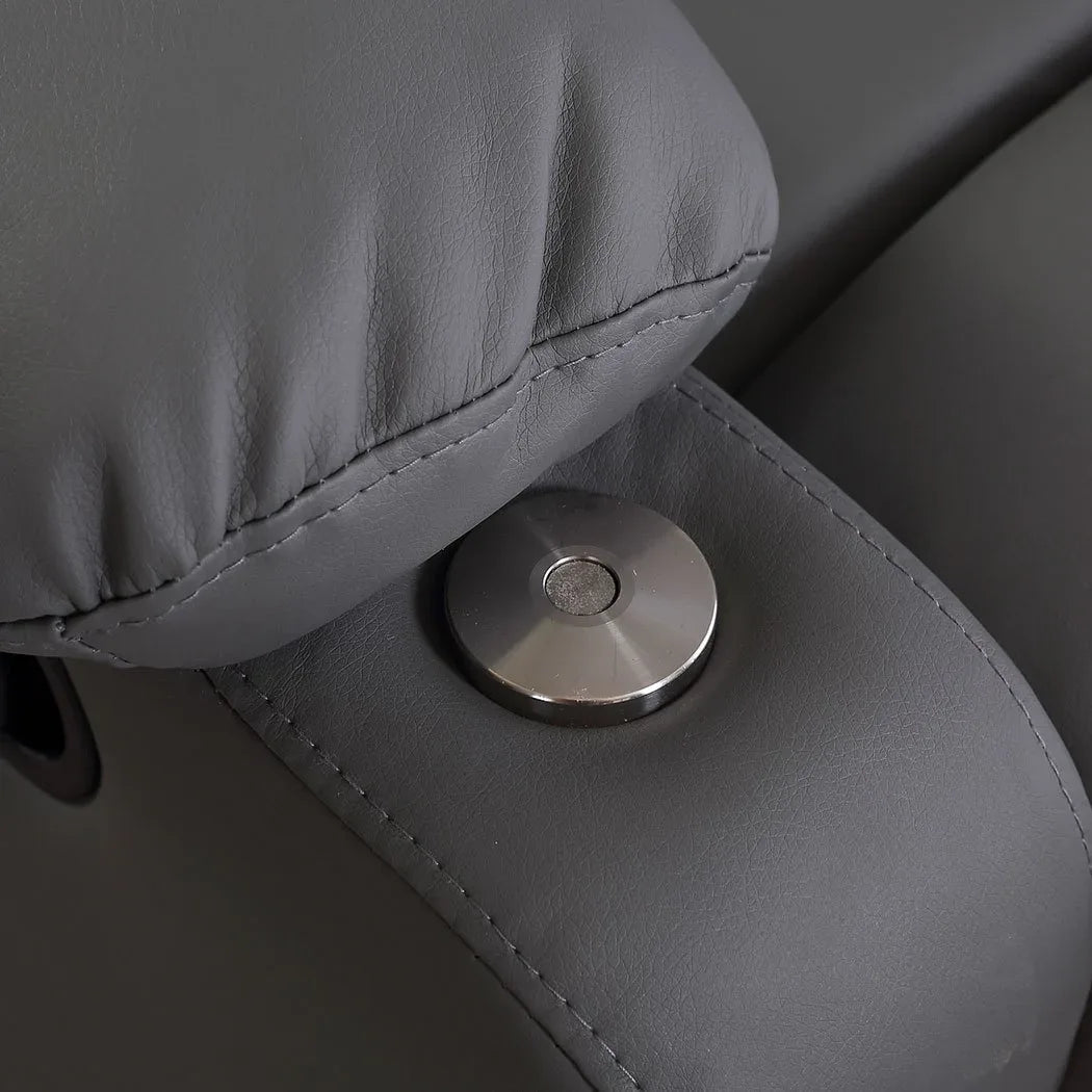 Front view of brown leather massage chair with padded headrest and comfortable seating