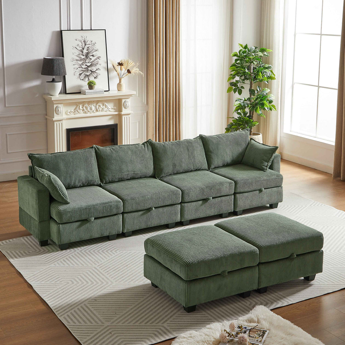 Large green modular corduroy sofa with seating for six, arranged in a living room setting.