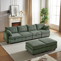 Large green modular corduroy sofa with seating for six, arranged in a living room setting.