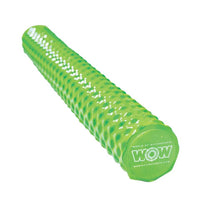 Side view of lime green foam pool noodle highlighting thick, ribbed design and durable coating.