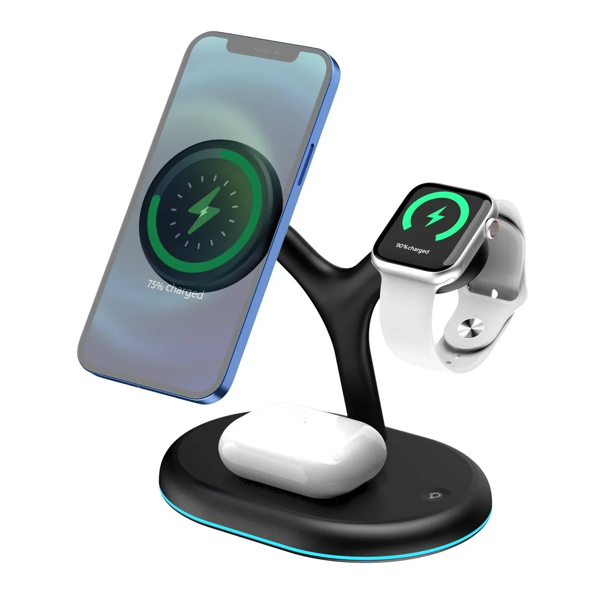 Three-in-one charger showing wireless headset docked, alongside an Apple Watch and smartphone charging.