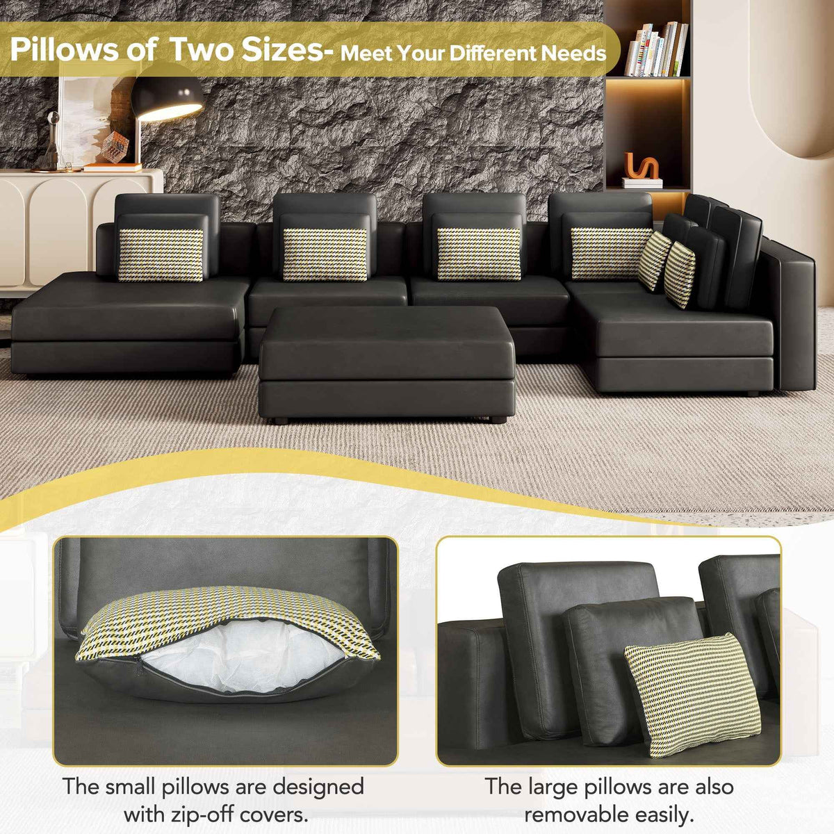 Large black modular sectional sofa with chaise lounge, arranged in an L-shape in a bright living room.