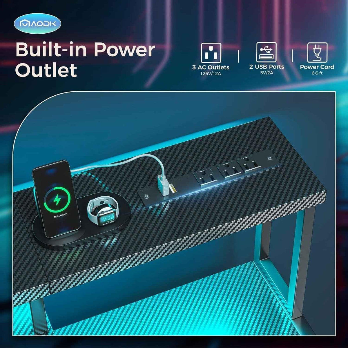 48 Inch LED Gaming Desk With Power Outlet And Shelves