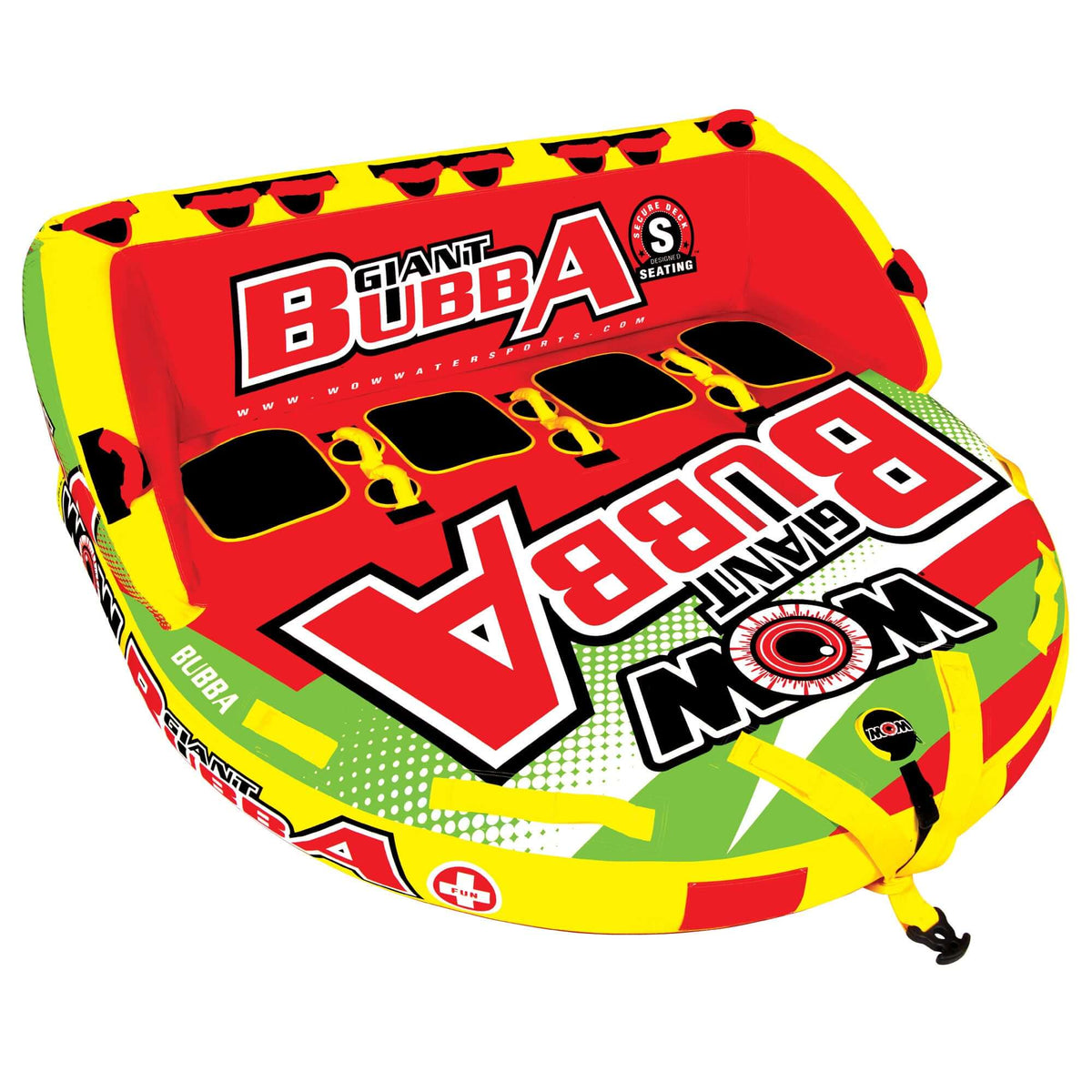 Yellow and orange Bubba towable tube floating on water with black and gray trim.