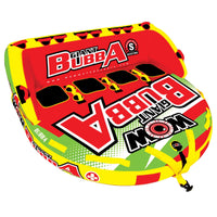 Yellow and orange Bubba towable tube floating on water with black and gray trim.