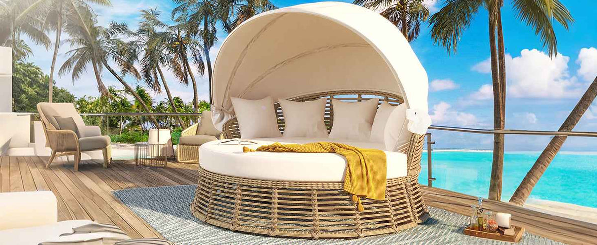 Outdoor Patio Rattan Round Daybed with Retractable Canopy, Wicker