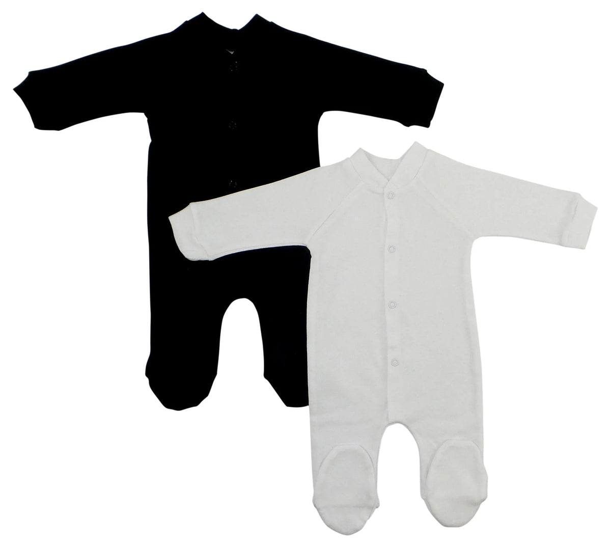 Black and white closed-toe sleep and play long johns for babies, shown folded on white background.