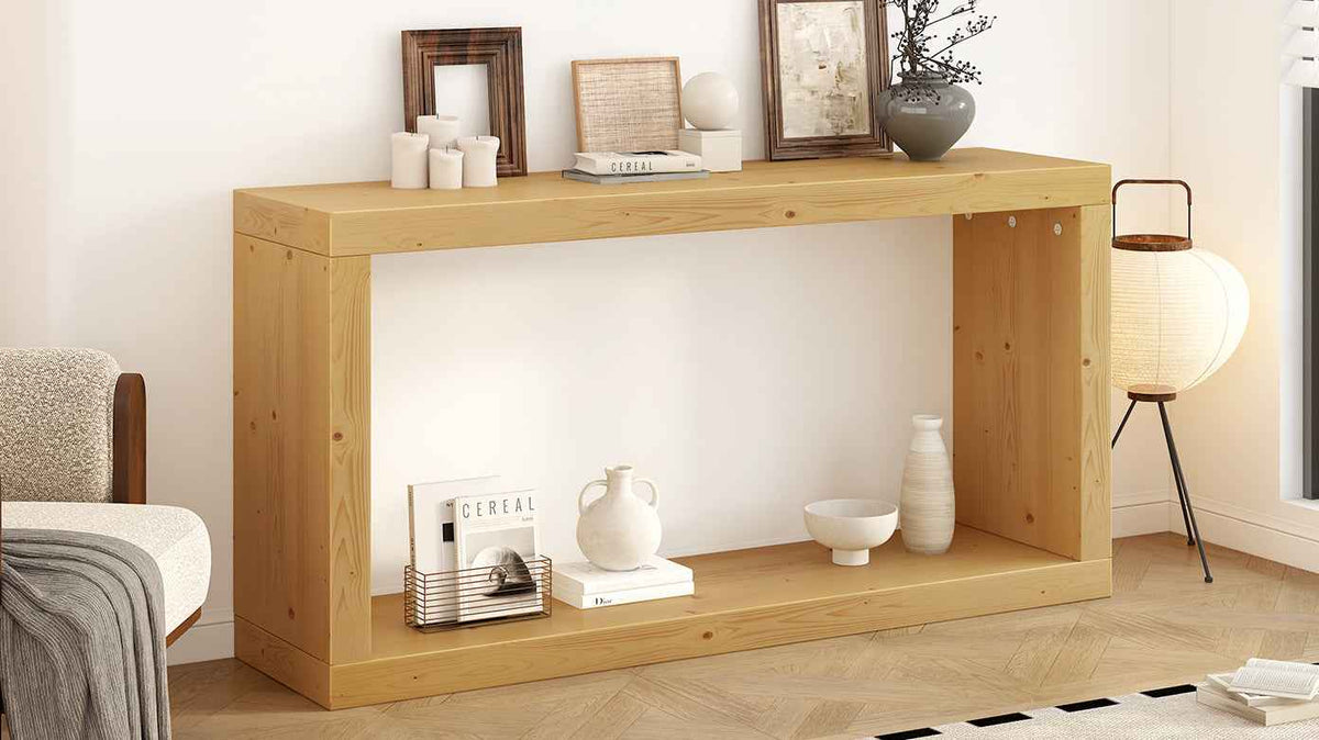 Close-up of entrance table corner highlighting fine craftsmanship and smooth lines.