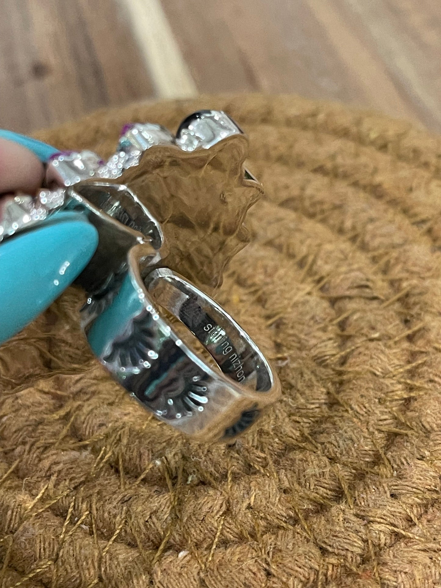 Handmade Sterling Silver, Onyx & Pink Onyx Cluster Adjustable Ring