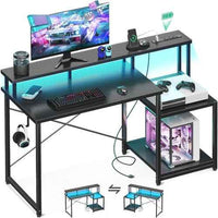 48 Inch LED Gaming Desk With Power Outlet And Shelves