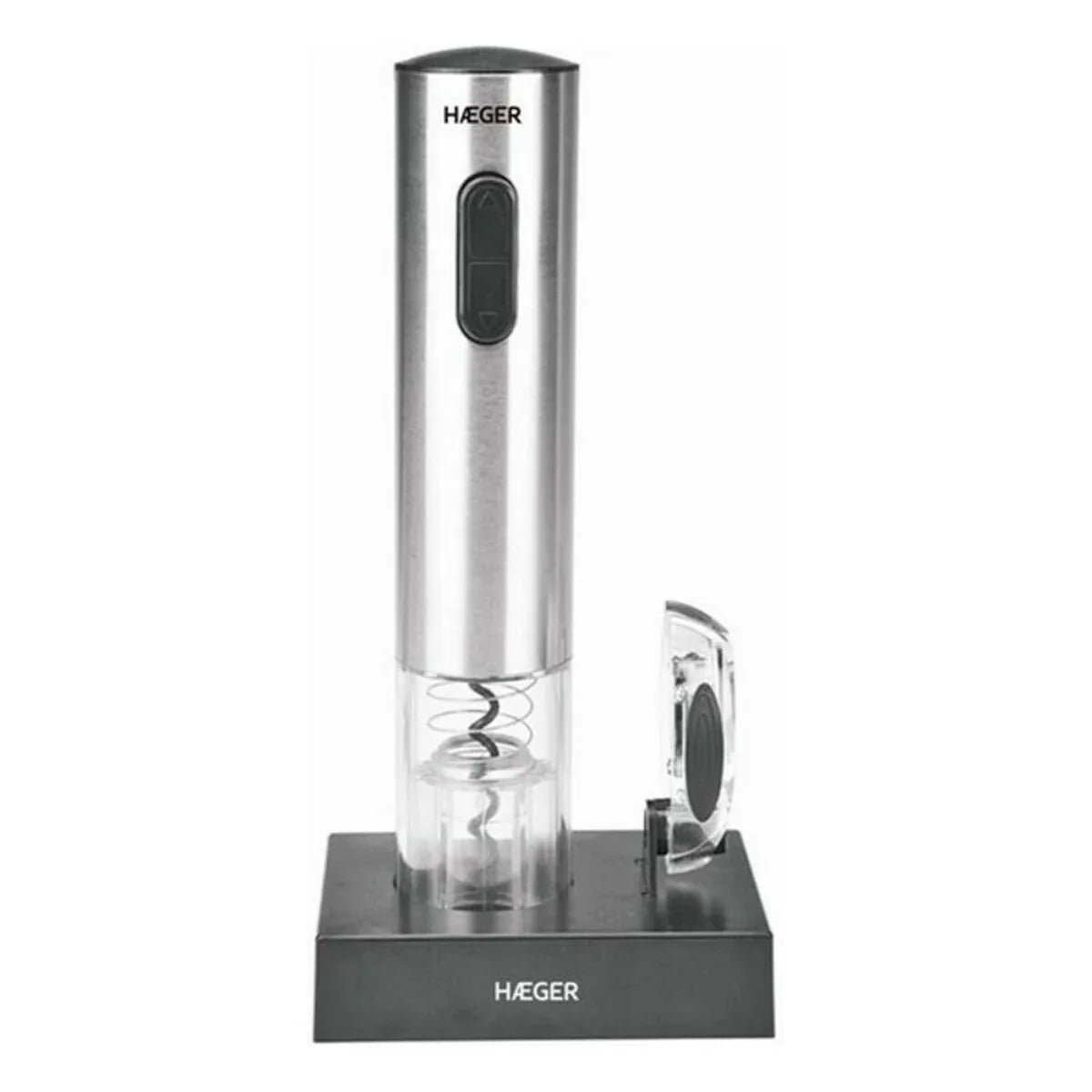Black electric corkscrew with stainless steel spiral and LED charge indicator on a white background.