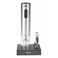 Black electric corkscrew with stainless steel spiral and LED charge indicator on a white background.