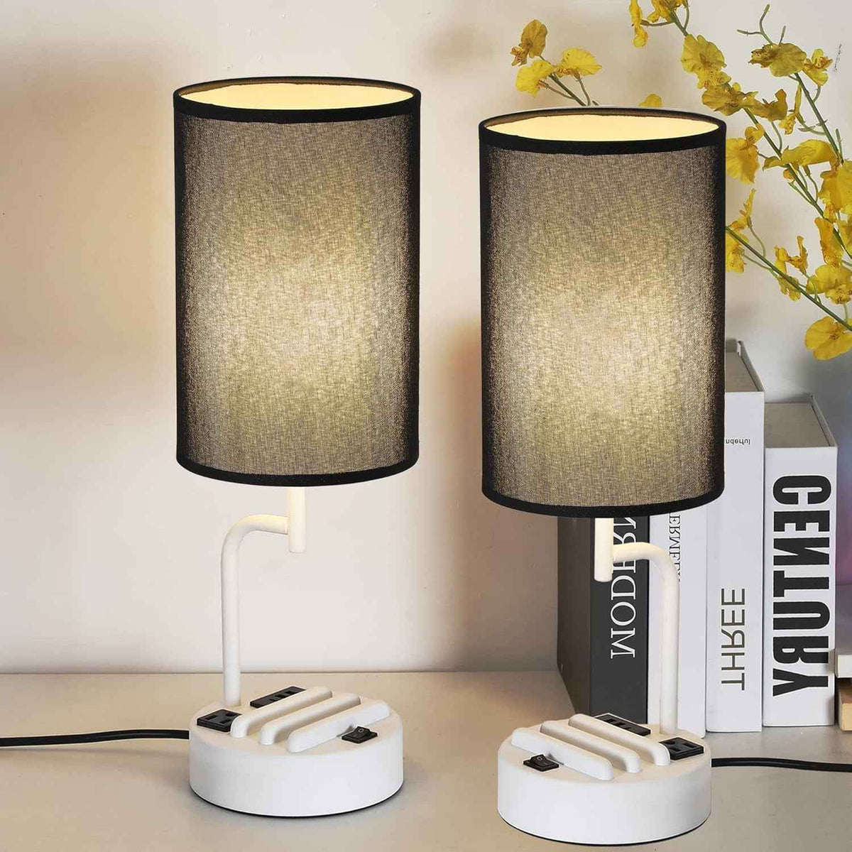Table Lamp With 3 USB Ports And AC Outlet White Black