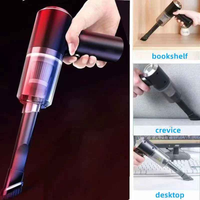 A compact, cordless handheld vacuum cleaner in white, designed for easy cleaning in cars or small spaces.