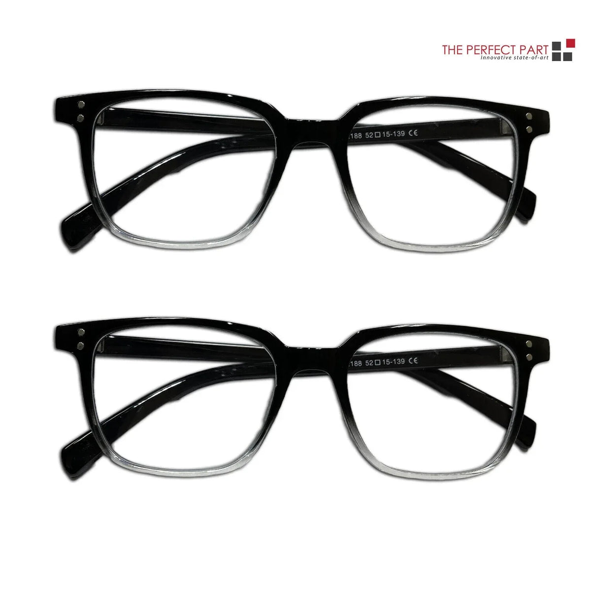 Two pairs of unisex reading glasses with clear lenses, designed to reduce blue light from screens.