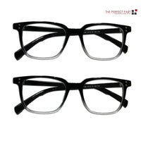 Two pairs of unisex reading glasses with clear lenses, designed to reduce blue light from screens.