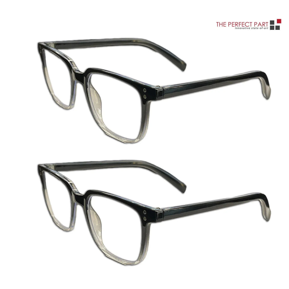 Set of two unisex reading glasses with black frames, designed for blue light protection while using computers.