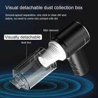 A person uses a compact, cordless handheld vacuum to clean crumbs from a car seat.