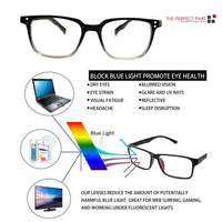 Two pairs of unisex blue light blocking reading glasses with rectangular frames, displayed side by side.