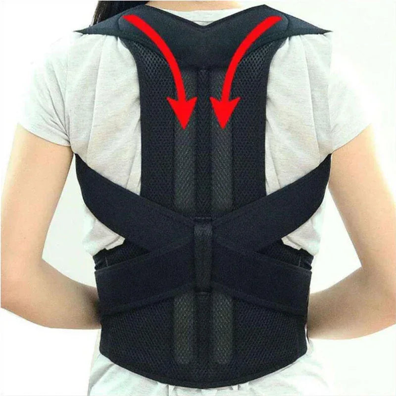 Diagram showing how the low back support belt aligns and corrects posture from the lumbar spine.