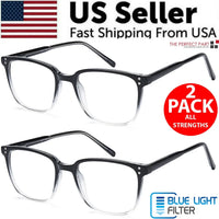 Close-up of blue light blocking reading glasses with clear lenses and dark frames on white surface.