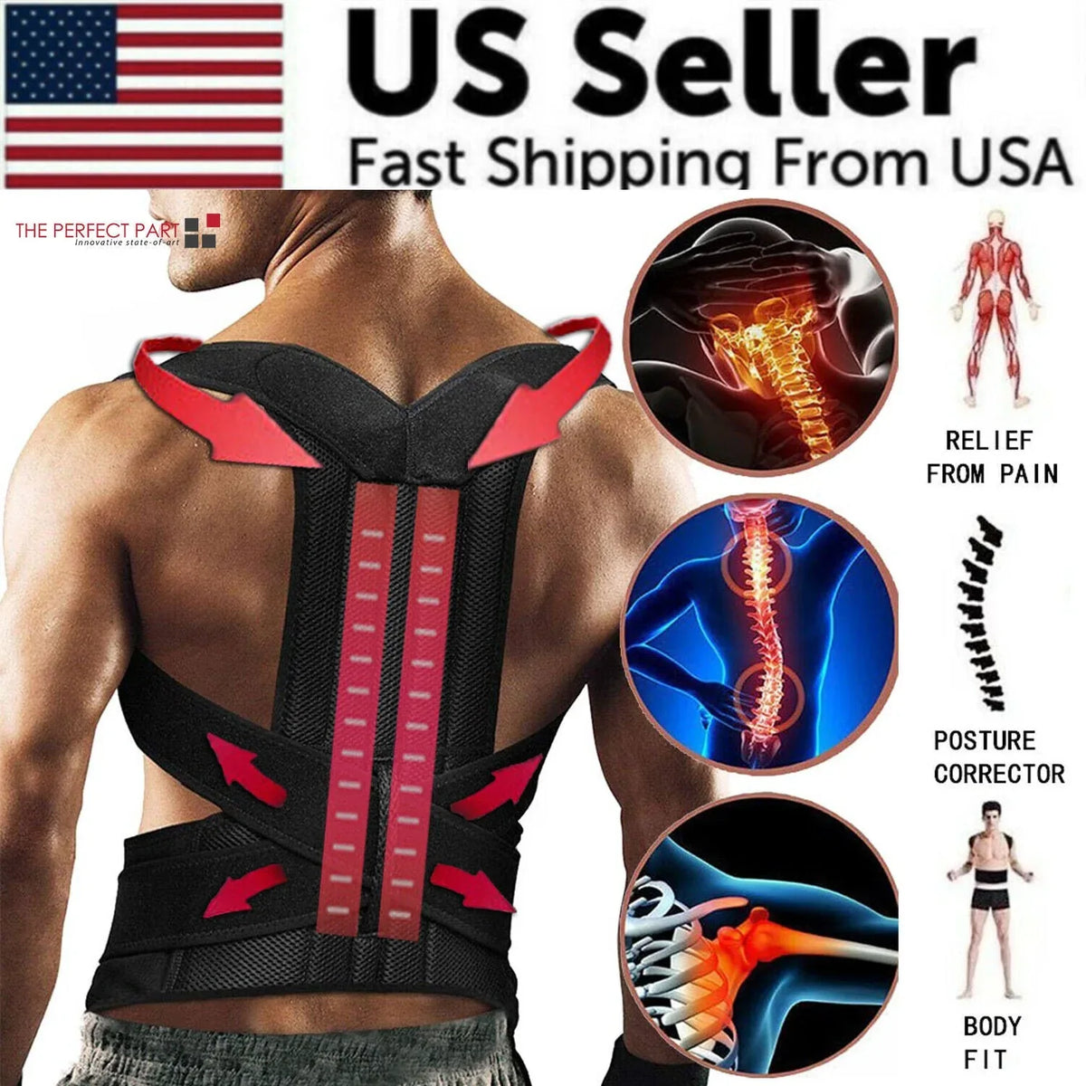 Man wearing adjustable posture corrector with back and shoulder support in a standing pose.