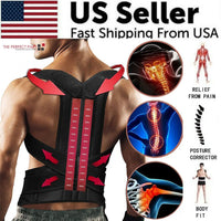 Man wearing adjustable posture corrector with back and shoulder support in a standing pose.