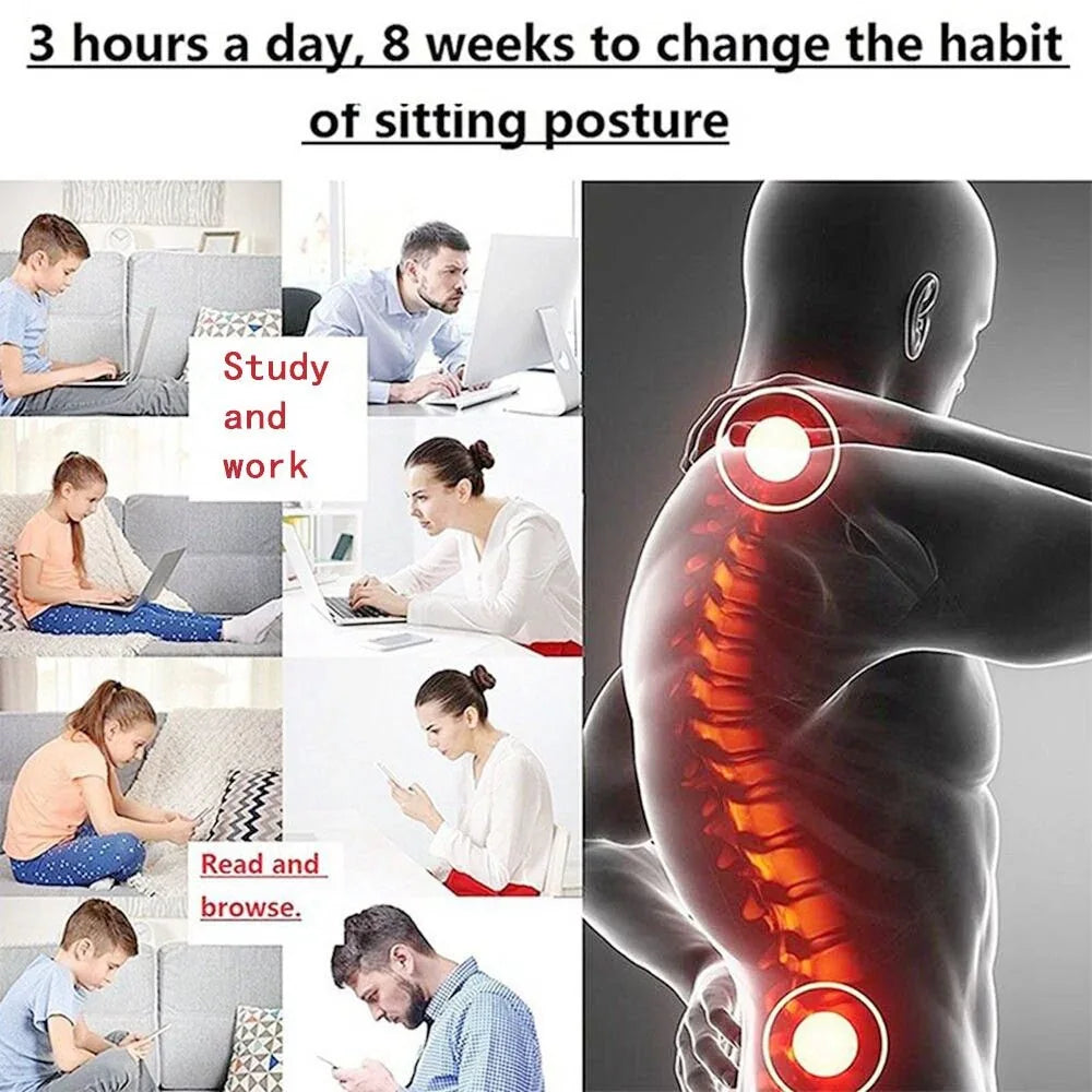 Illustration of posture correction benefits, highlighting shoulder and lumbar alignment.