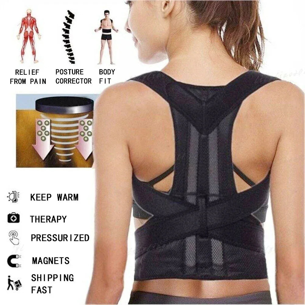 Annotated image demonstrating pain relief areas on the lower back with the support brace worn.