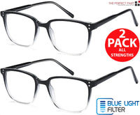 Packaging of two pairs of unisex blue light blocking reading glasses with product branding.