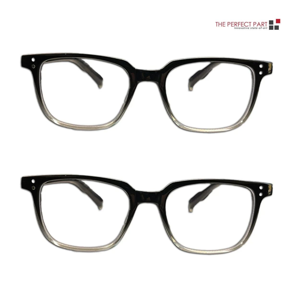 Pair of unisex reading glasses with clear lenses and black frames, designed to block blue light while using screens.