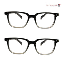 Pair of unisex reading glasses with clear lenses and black frames, designed to block blue light while using screens.
