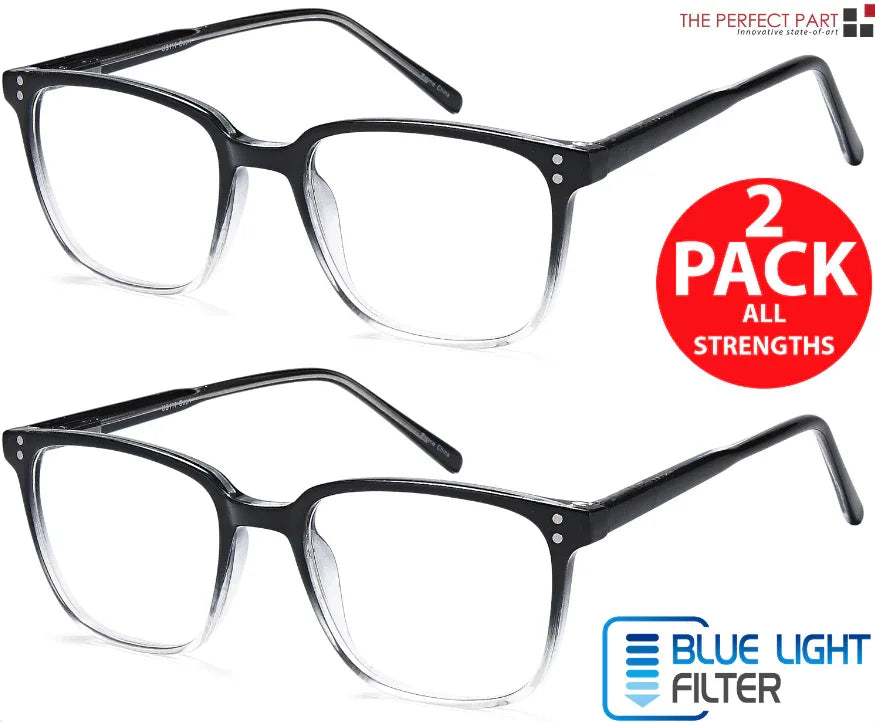 Two pairs of unisex reading glasses with clear lenses designed to block blue light, displayed on a white background.