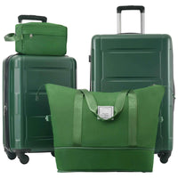 Two-piece green luggage set with expandable spinner suitcases and top handles, shown upright on a white background.