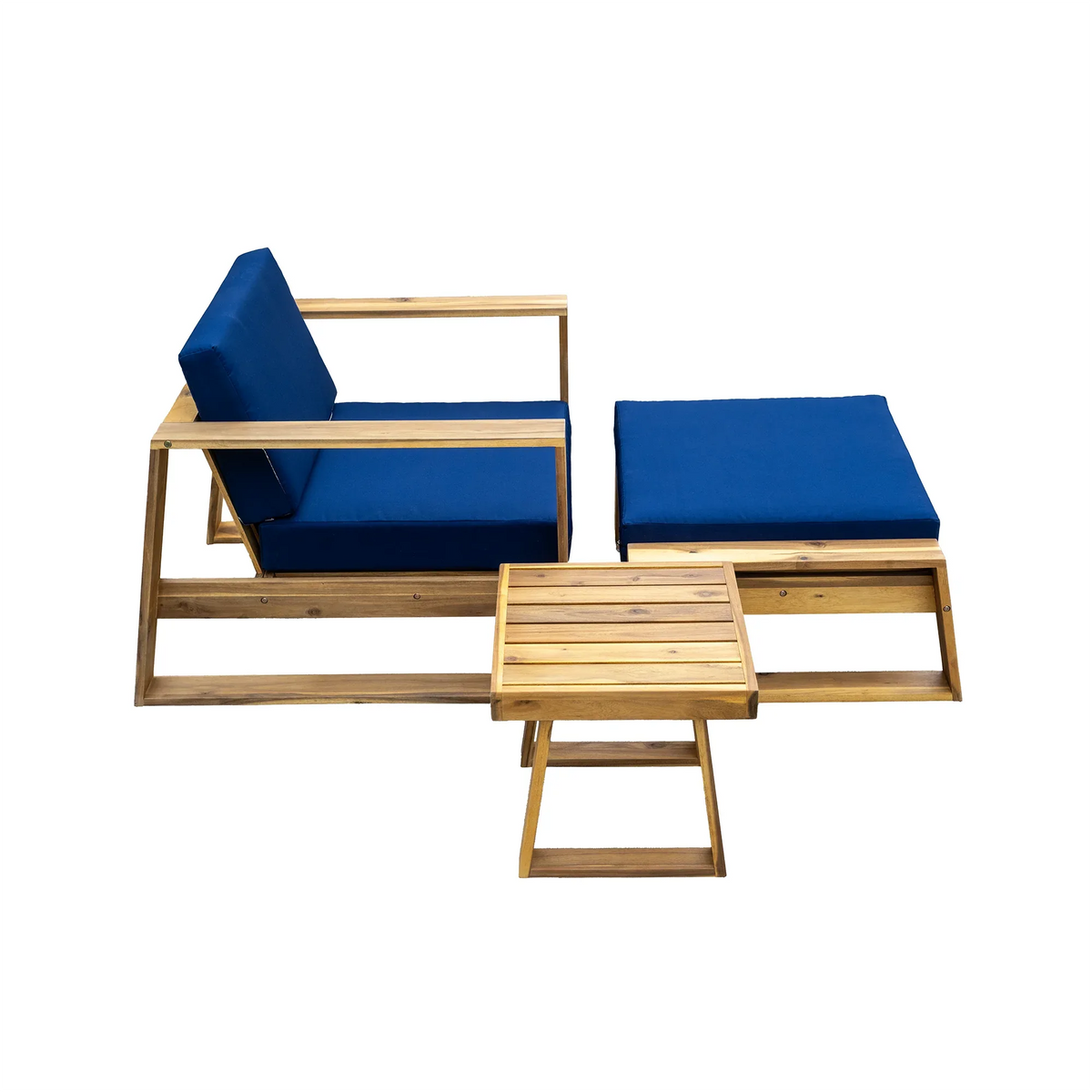 Side angle of acacia wood lounge chair paired with ottoman featuring blue cushions