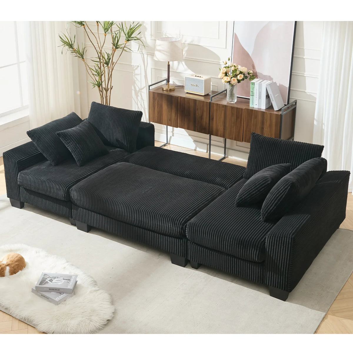 Close-up of sofa frame materials and construction details for the U-shaped sleeper sofa.