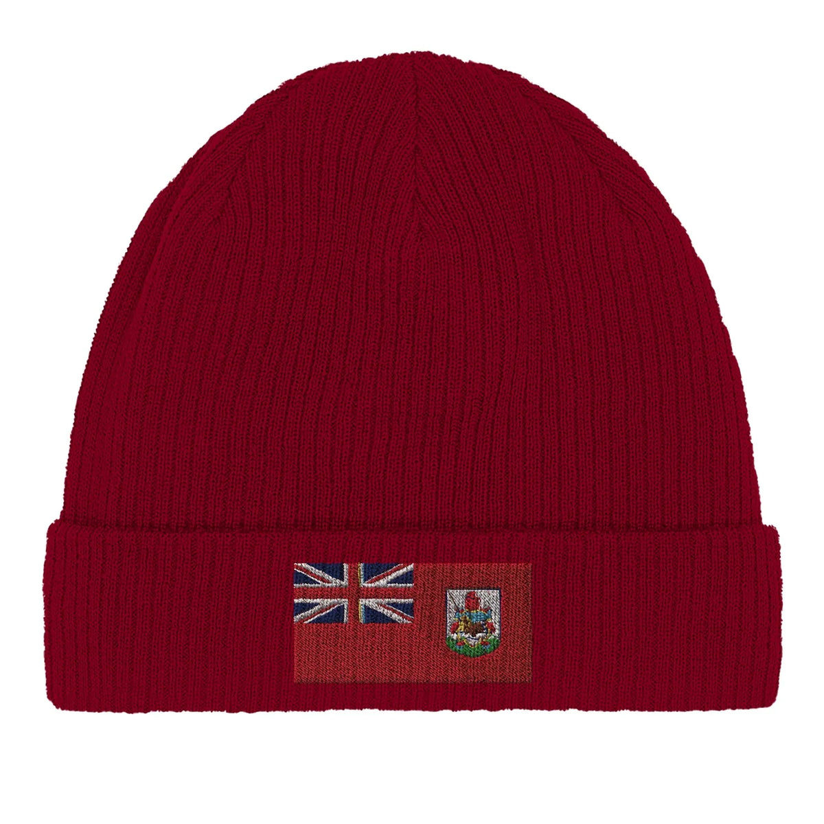 Green cotton beanie folded flat, displaying Bermuda flag emblem