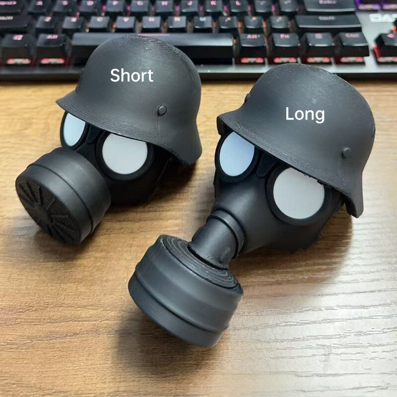 3D - printed trailer hitch cover with steel helmet and gas mask design. Protects the receiver tube from rusting.