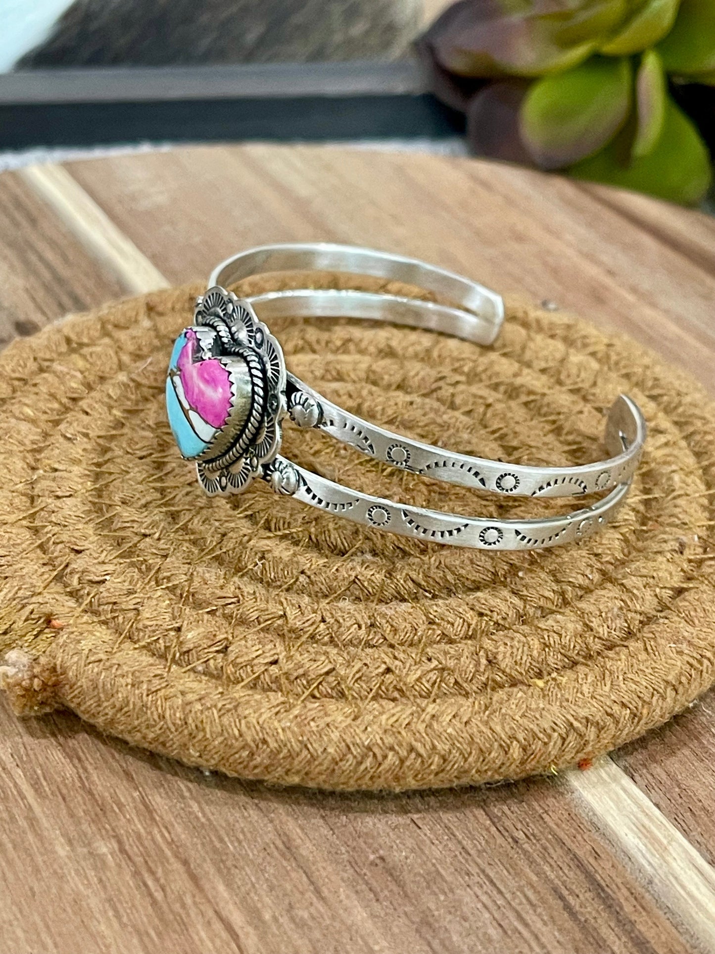 Handmade Sterling Silver & Cotton Candy Heart Cuff Bracelet