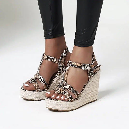 Large Snake Print Wedge Platform High Heel Sandals