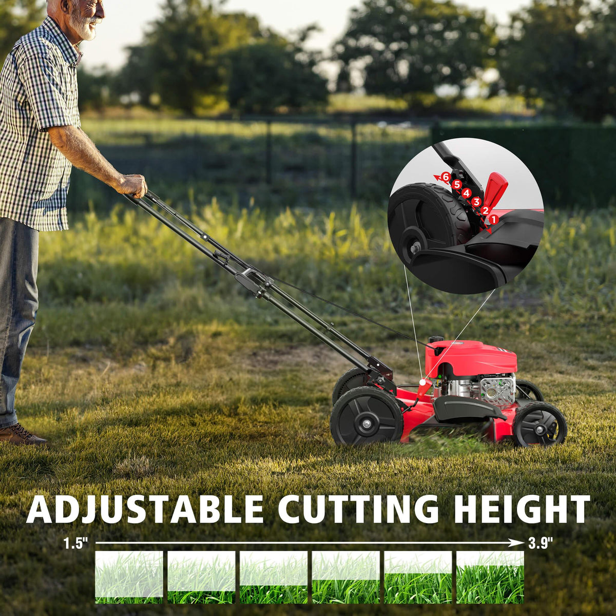 View of the lawn mower handle with functional controls for easy start and speed.