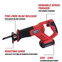 Full kit components including saw, battery, charger, hex key, and assortment of blades.