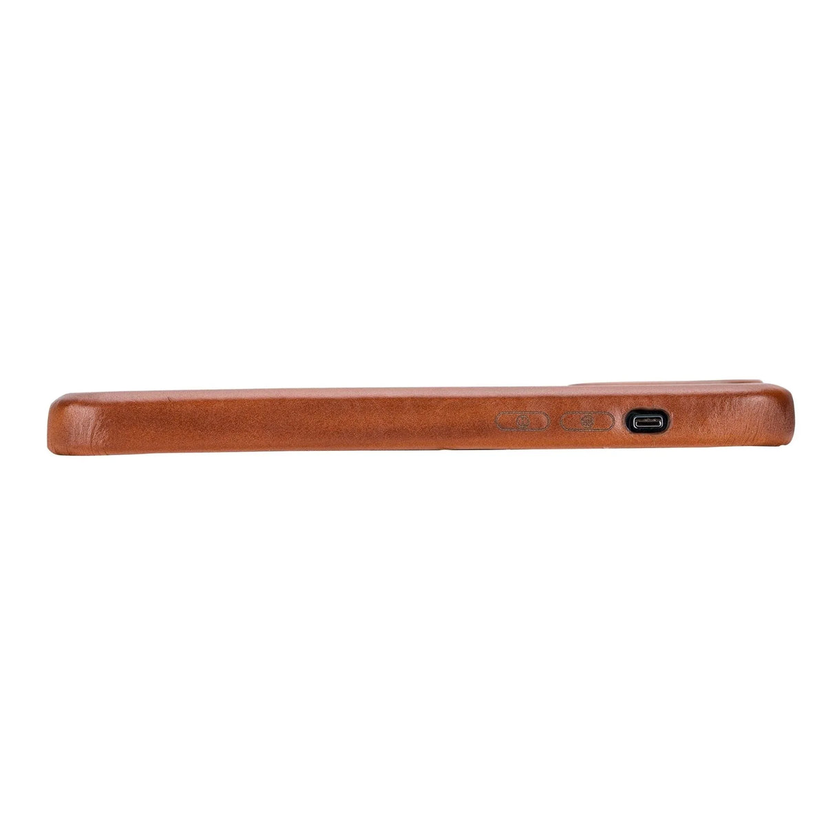 Brown leather phone case lying flat with visible magnetic circle for MagSafe attachment
