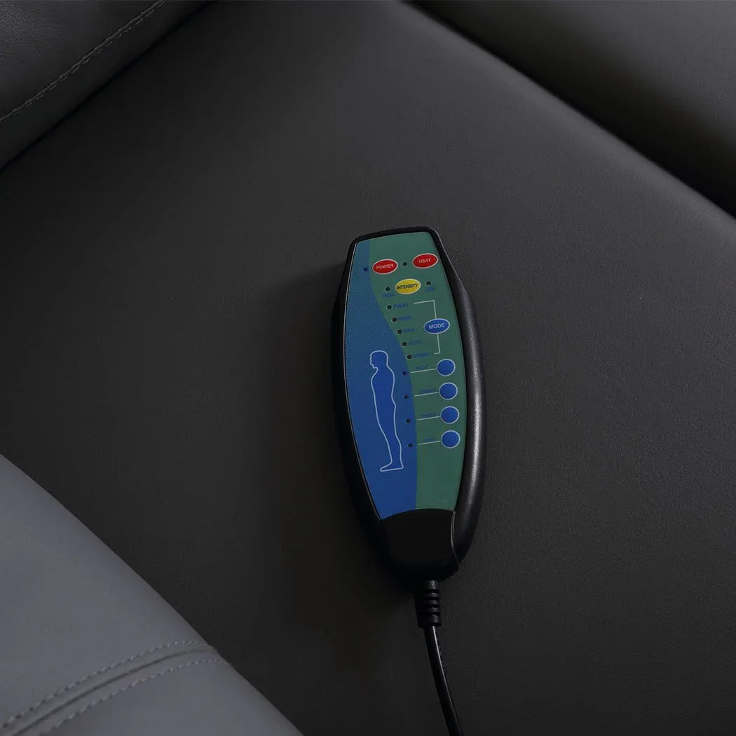 Recliner chair with built-in heated massage feature on display in relaxed position