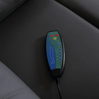 Recliner chair with built-in heated massage feature on display in relaxed position