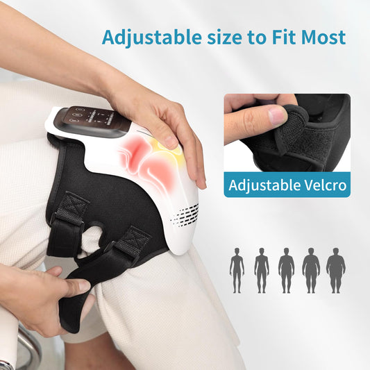 User wearing the rechargeable knee massager device on a bent knee at home